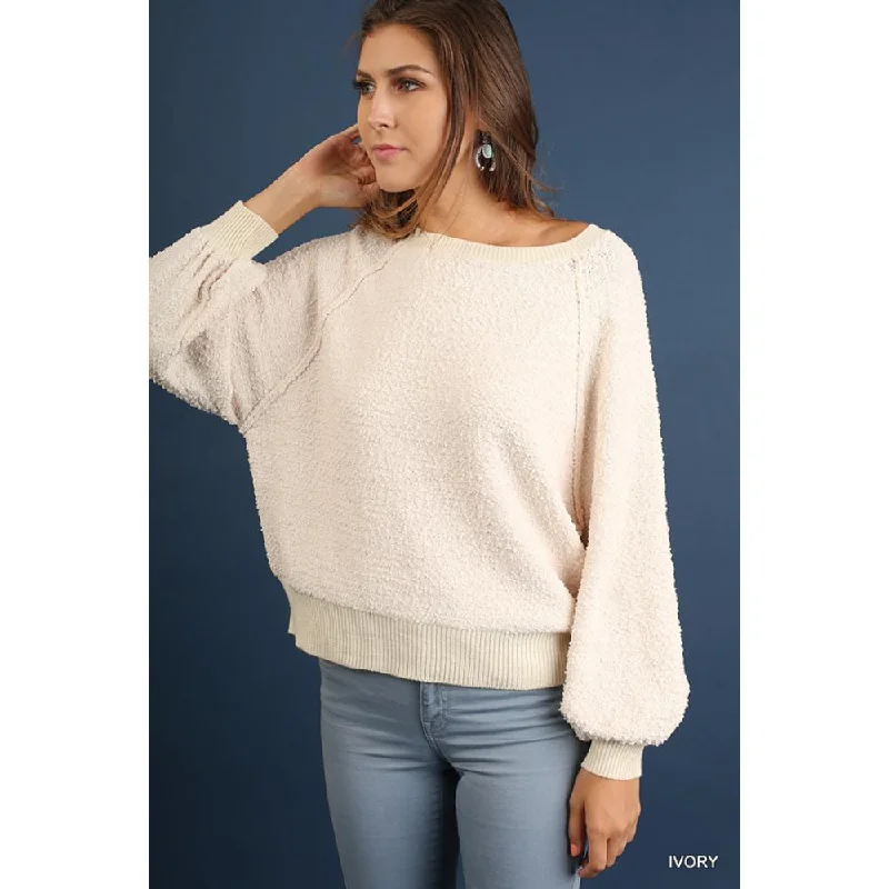 Limited Time Offer Puff Sleeve Boat Neck Sweater