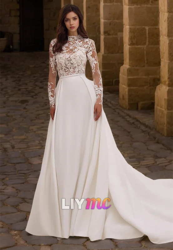 Chic Trends For The Fashion Savvy High Neck Long Sleeves Appliques Sleek A-Line Wedding Dress