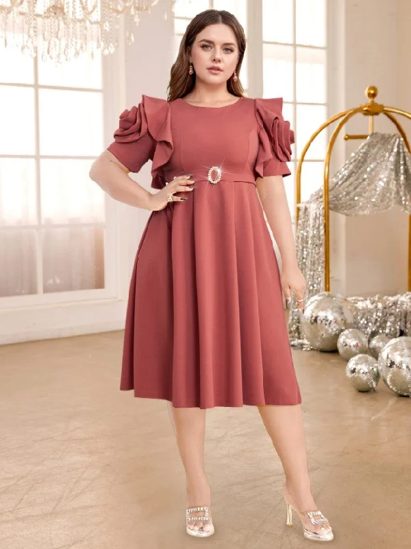 Elegant Attire For The Modern Lady AOMEIDRESS 3D Flower Sleeve Midi Dress O Neck High Waist Cameo Brown