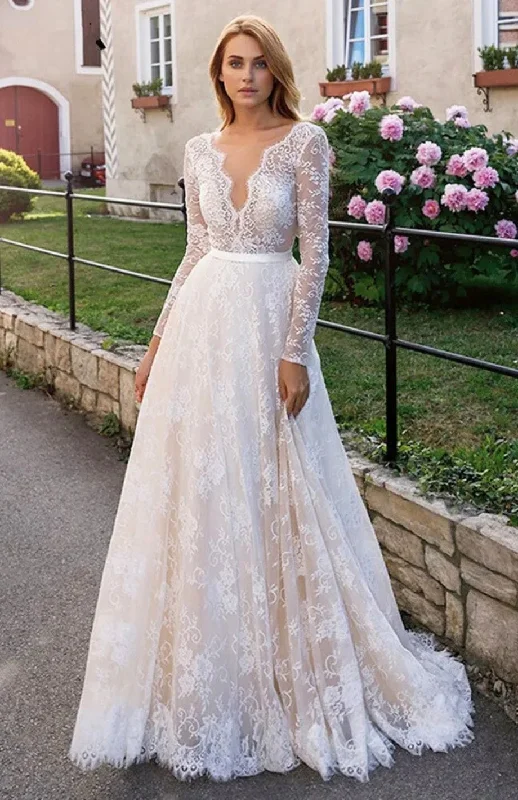 Season Offer Elegant Full Lace Champagne Wedding Dresses Sexy V-neck Illusion Long Sleeve Boho Beach Bridal Gown Backless Marriage