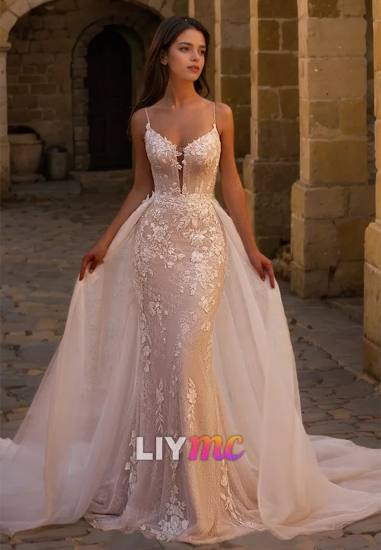 Bid Farewell To The Old Season V-Neck Spaghetti Straps Appliques Mermaid Elegant Wedding Dress