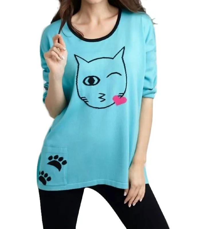 Trendy Street Style Cat Kiss Graphic Sweater In Turquoise/black