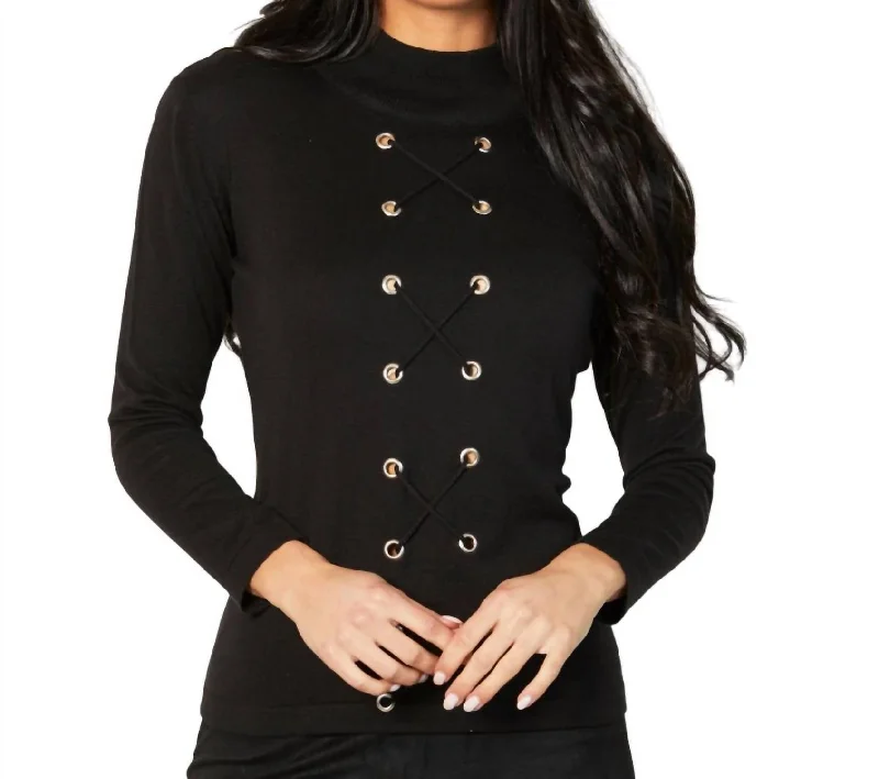 Forward Trendsetter Lace Up Mock Neck Top In Black