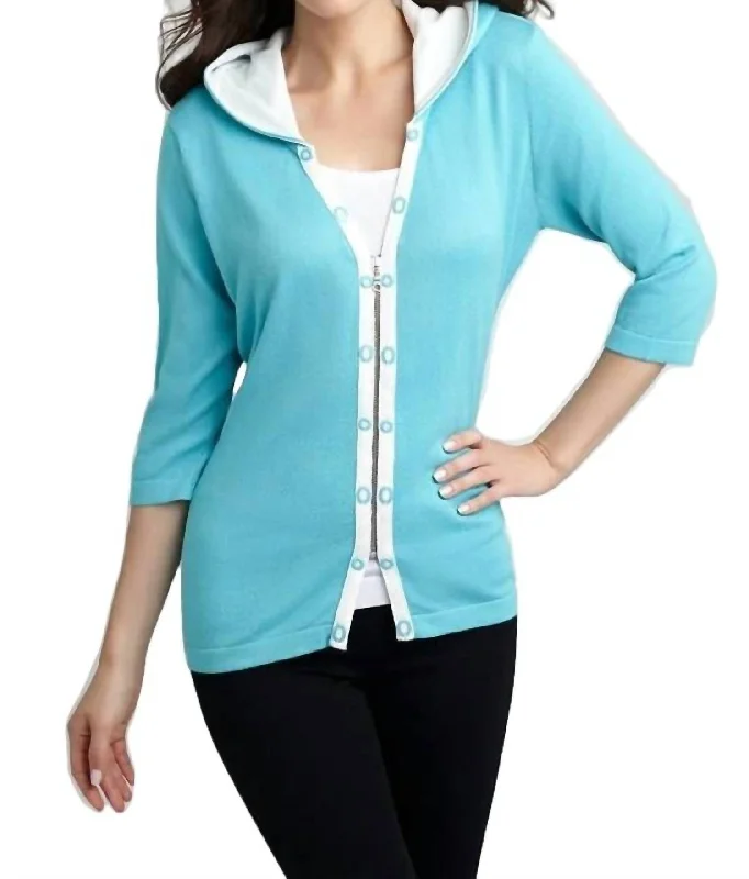 Clothes Of Woman Rivet Hooded Knit Cardigan In Turquoise/white