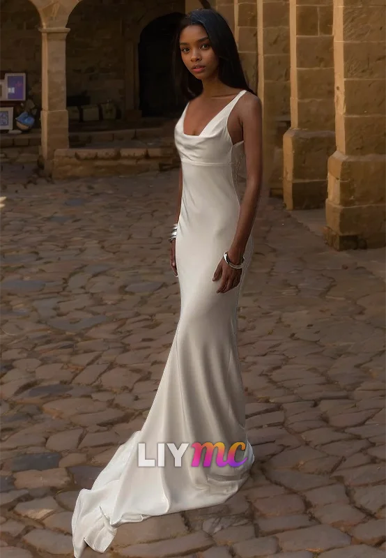 Final Sale Scoop Straps Sleek Simple Sleeveless Mermaid Beach Wedding Dress