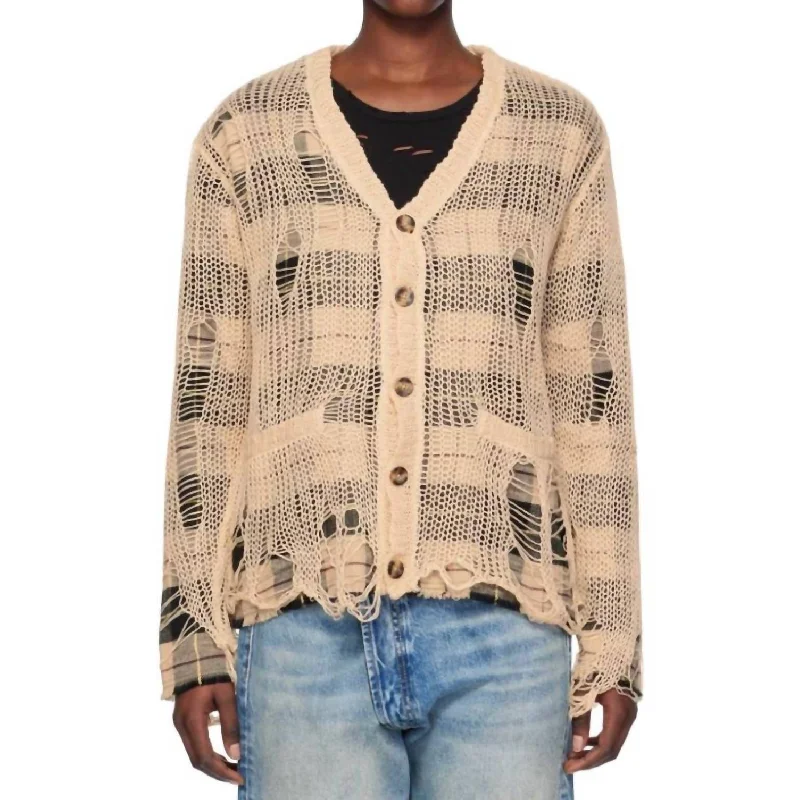 Exclusive Online Sale Overlay Distressed Relaxed Cardigan In Cream Ecru