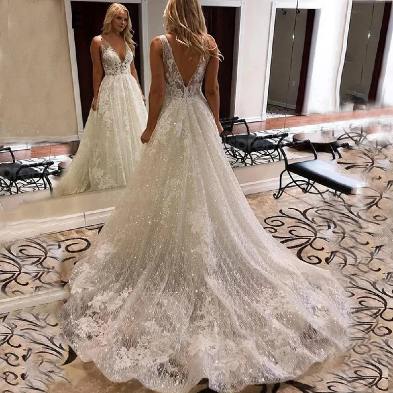 Travel Essentials Ivory Lace Glitter Wedding Dresses Shiny Tulle Beach Bridal Dresses Boho Elegant Wedding Party Gowns Open Back Long Train