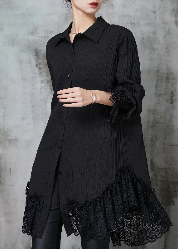 Trendy Women's Apparel Simple Black Oversized Patchwork Lace Chiffon Dresses Spring