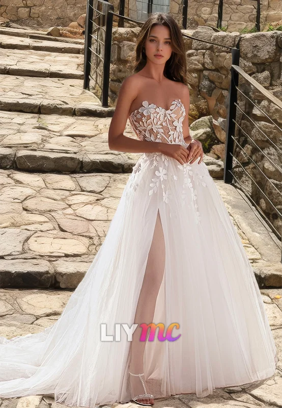 Embrace New Fashion Sweetheart Sleeveless Appliques Tulle A-Line Beach Wedding Dress