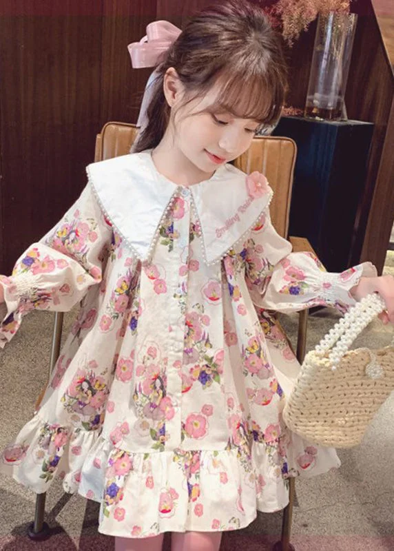 Plus Size Women's Fashion and Clothing Handmade Apricot Print Nail Bead Girls Mid Dress Long Sleeve