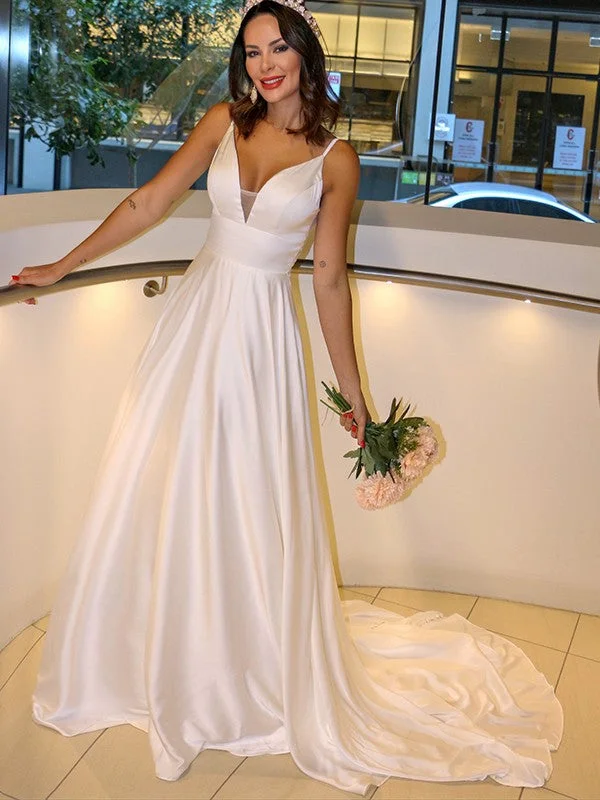 Online Boutique Stores A-Line/Princess  Woven Satin Spaghetti Straps Ruffles Sleeveless Sweep/Brush Train Wedding Dresses