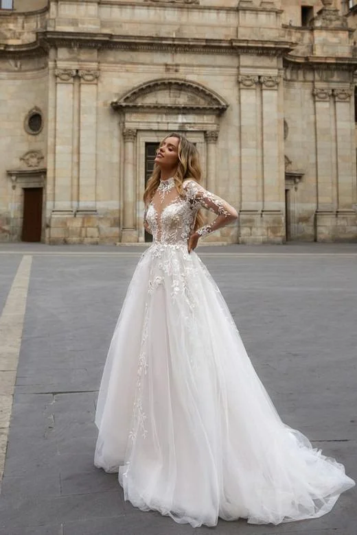 Chic And Edgy Sexy Backless Wedding Dress For Bride Long Sleeves Applique Romantic Bride Gowns A-Line Tulle Applique Vestido De Novia