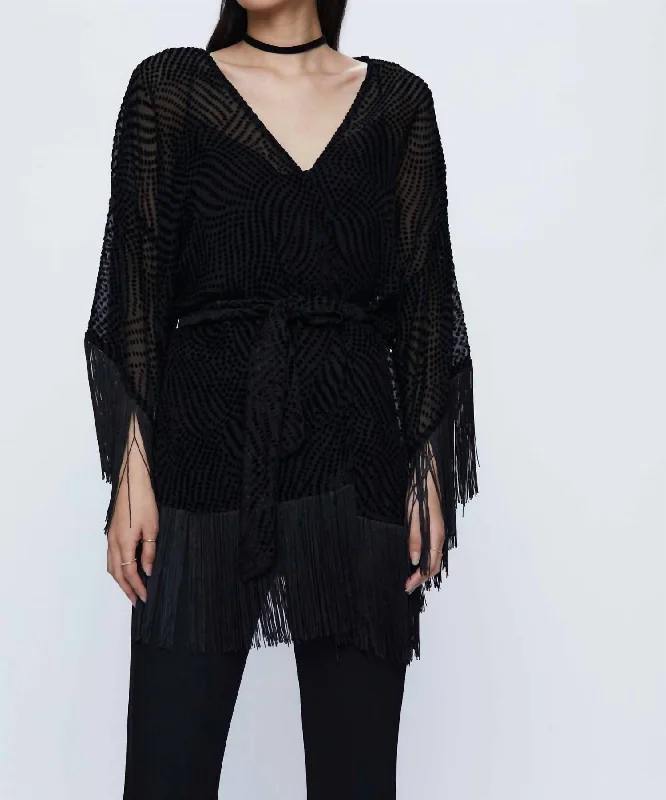 Summer Deals Devore Velvet Kimono With Fringe In Black