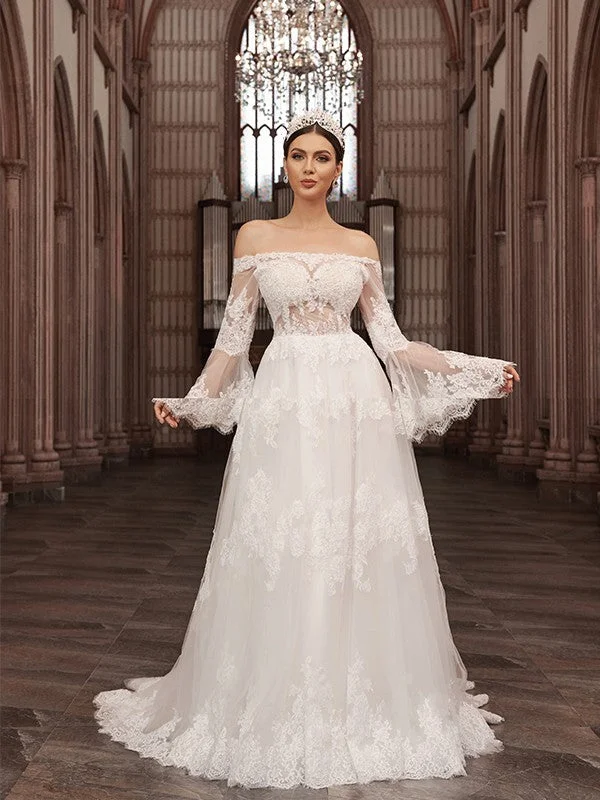 Sophisticated Fashion A-Line/Princess Off-the-Shoulder Tulle Long Sleeves Applique Sweep/Brush Train Wedding Dresses