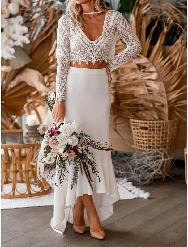 Flash Sale, Don't Miss Beach Boho Wedding Dresses Two Piece V Neck Long Sleeve Asymmetrical Chiffon Bridal Gowns With Appliques Solid Color Summer Fall Wedding Party