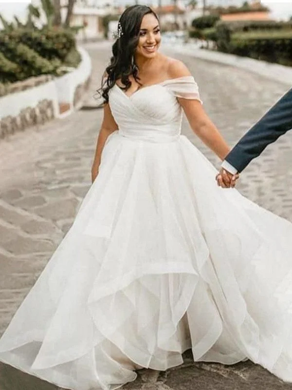 Casual Fashion A-Line/Princess Ruffles Sweep/Brush Train Organza Sleeveless Off-the-Shoulder Plus Size Wedding Dresses