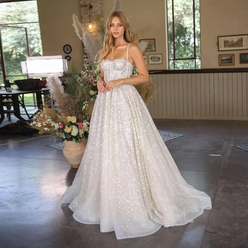 Daily Essentials Shiny Wedding Dresses Boho Sweetheart Sequin Spaghetti Strap A-Line Princess Wedding Bridal Gown