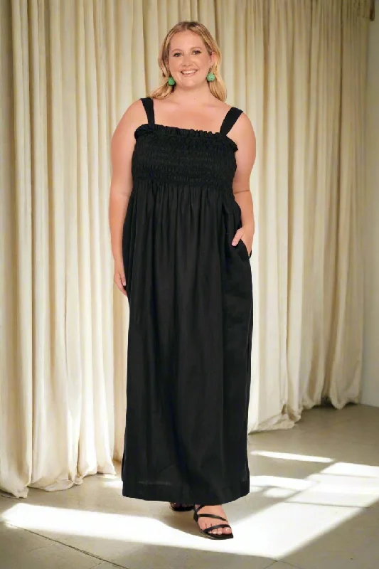 Latest Fashion Sherry Linen Strapless Maxi Dress in Black