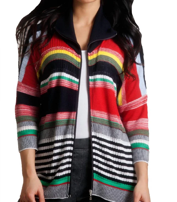 Casual Fashion Multi Striped 3/4 Sleeve Cardigan In Navy Multi