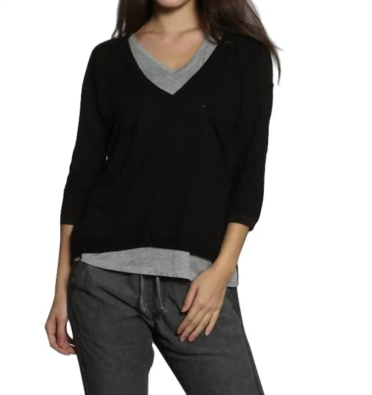 Casual Chic Rib Back V Neck Pullover In Black/charcoal