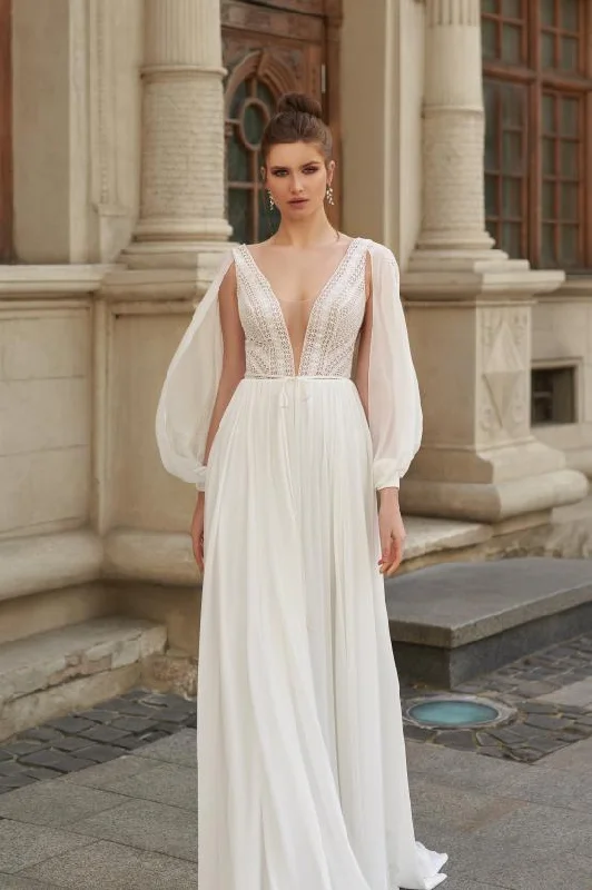 Style Streetwear Sexy O-Neck A-line Wedding Dresses Boho Chiffon Fuff Long Sleeve vestido de novia bohemio Elegant Lace Bridal Party