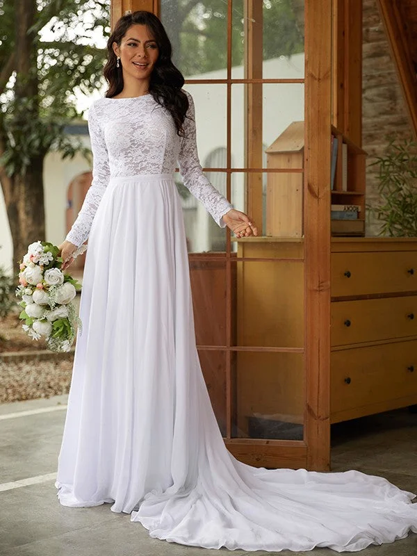 Weekend Sale A-Line/Princess Chiffon Lace Scoop Long Sleeves Cathedral Train Wedding Dresses