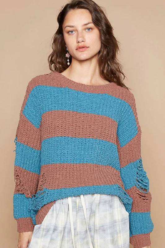 Fashion Sale Striped Distressed Long Sleeve Sweater