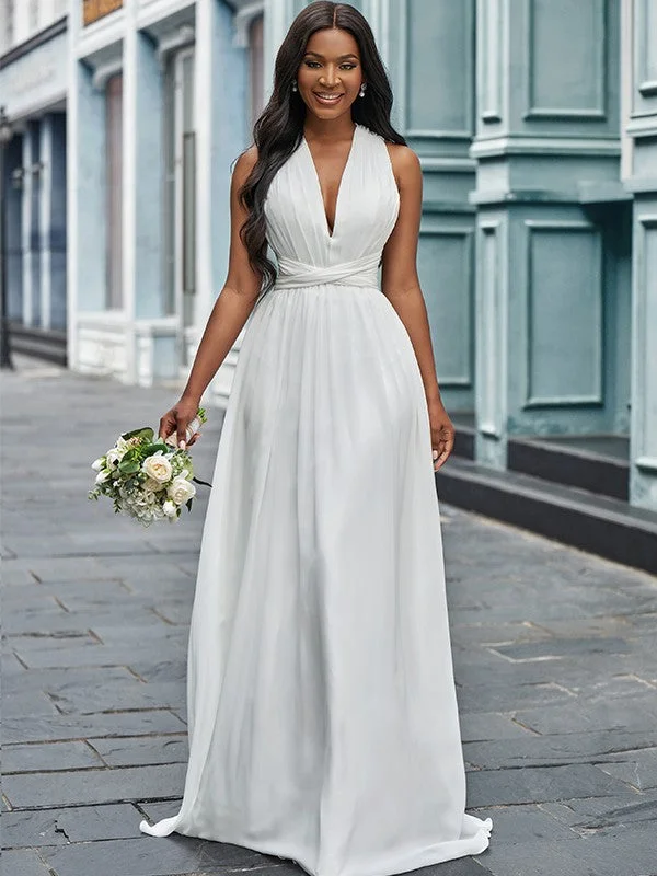 Clothing Brands A-Line/Princess Chiffon Halter Ruched Sleeveless Floor-Length Wedding Dresses