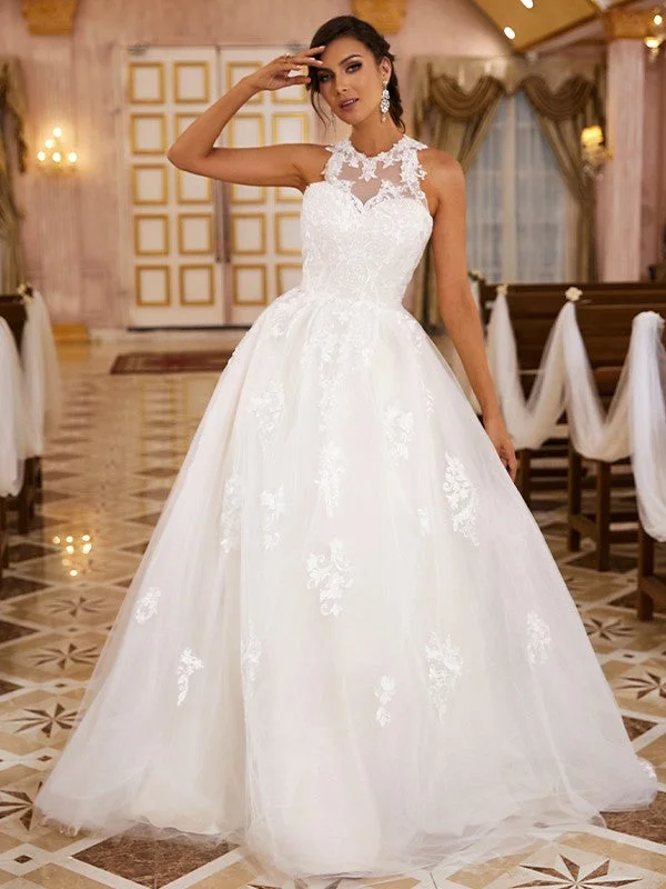 Fashion Sale A-Line/Princess Lace Applique Scoop Sleeveless Sweep/Brush Train Wedding Dresses