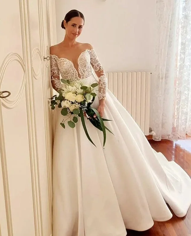 Chic Trends For The Fashion Savvy Lace Wedding Dress Satin A Line Long Sleeve Bridal Dress vestidos de novia Nude Sheer Princess Wedding Gowns