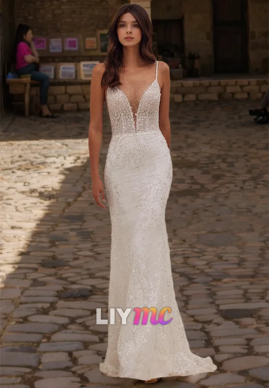 Effortless Everyday Wear V-Neck Spaghetti Straps Appliques Sparkly Mermaid Beach Wedding Dress