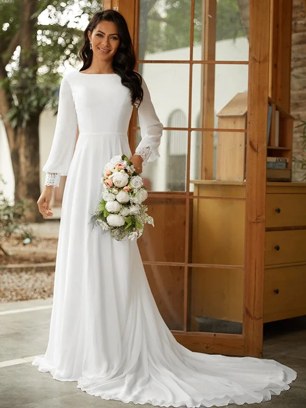 Winter Wardrobe Clearance A-Line/Princess Chiffon Lace Scoop Long Sleeves Court Train Wedding Dresses