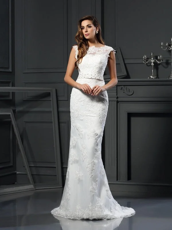 Women's Clothes A-Line/Princess Bateau Lace Sleeveless Long Satin Wedding Dresses