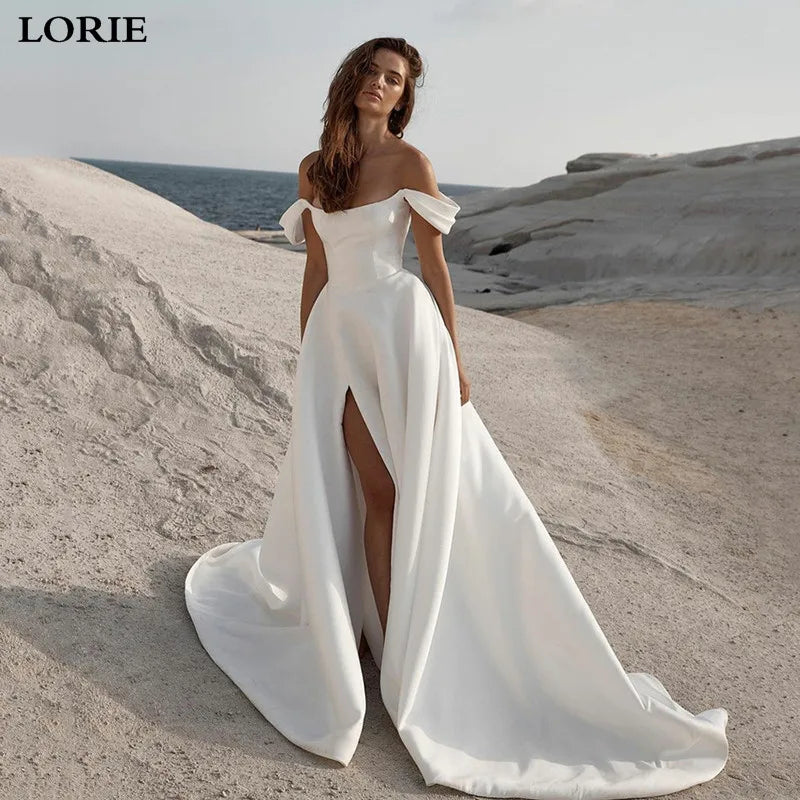 Boho Chic Fashion Soft Satin A Line Wedding Dresses Sleeveless Off The Shoulder Bridal Gowns Long Train Wedding Party Gowns