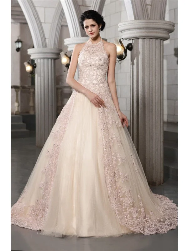 Seasonal Trends A-Line/Princess High Neck Sleeveless Beading Applique Long Net Wedding Dresses