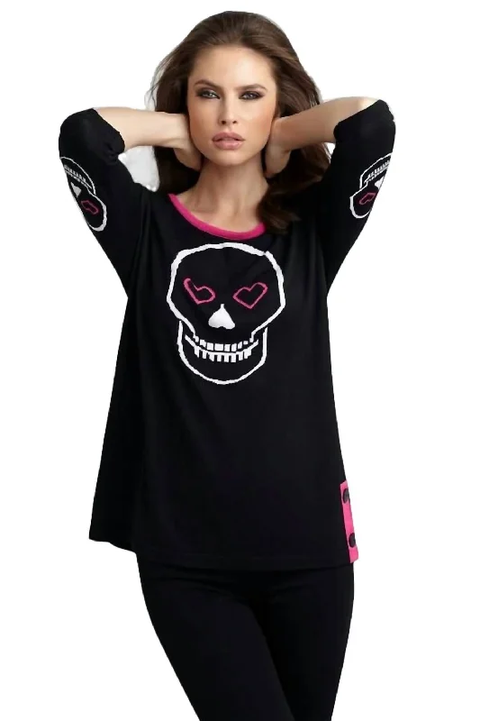 Online Boutiques Affordable Heart & Skull Graphic Sweater In Black/fuchsia