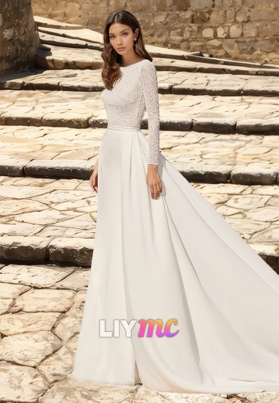 Best Clearance Sales Right Now Scoop Long Sleeves Appliques Pleated A-Line Wedding Dress