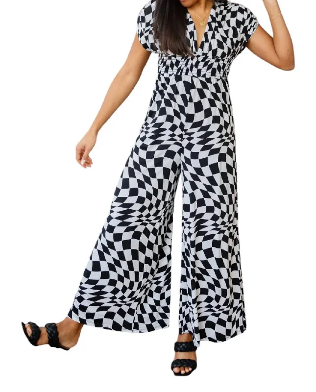 Trendy Women's Fashion Osborn Wide Leg Patterned Jumpsuit In Black And White