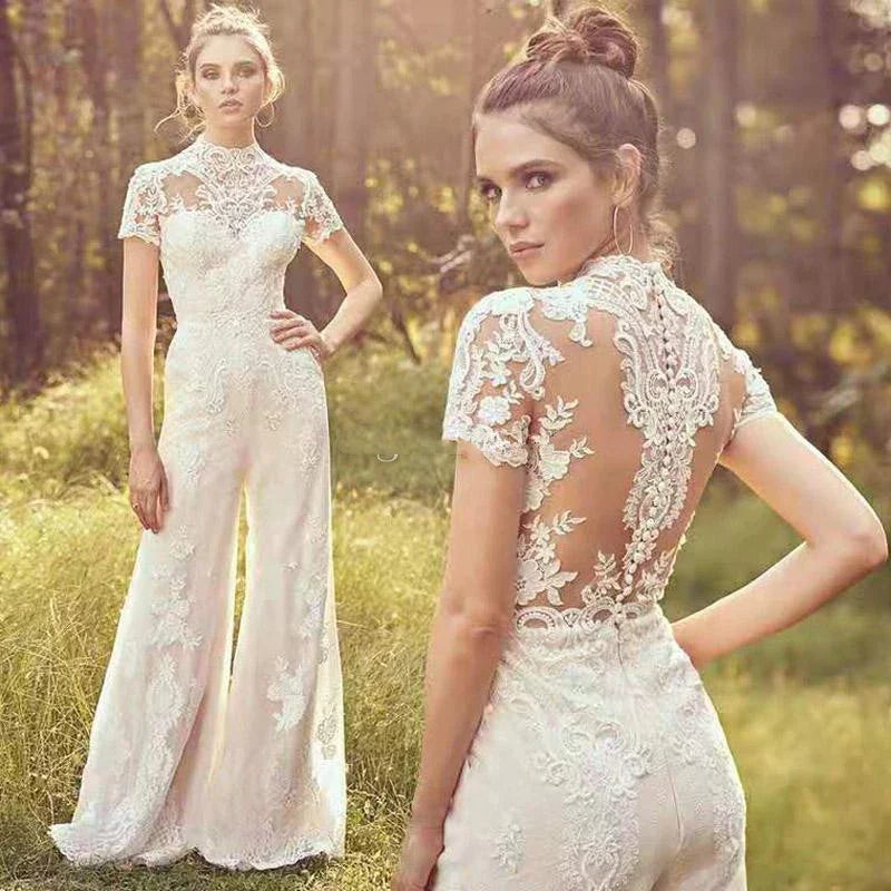 Trendy Fashion For Women Elegant Jumpsuit Wedding Dresses For Women Lace Applique Short Sleeve O-Neck Vestidos De Novia Illusion Back Bridal Gowns