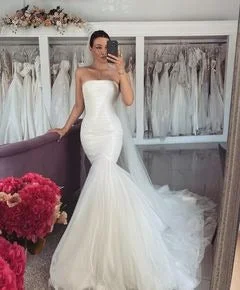 Best Clearance Sales Right Now Boho Tulle Mermaid Wedding Dresses Off Shoulder Backless Solid Bridal Gowns Strapless Princess Bride Dress Custom Color