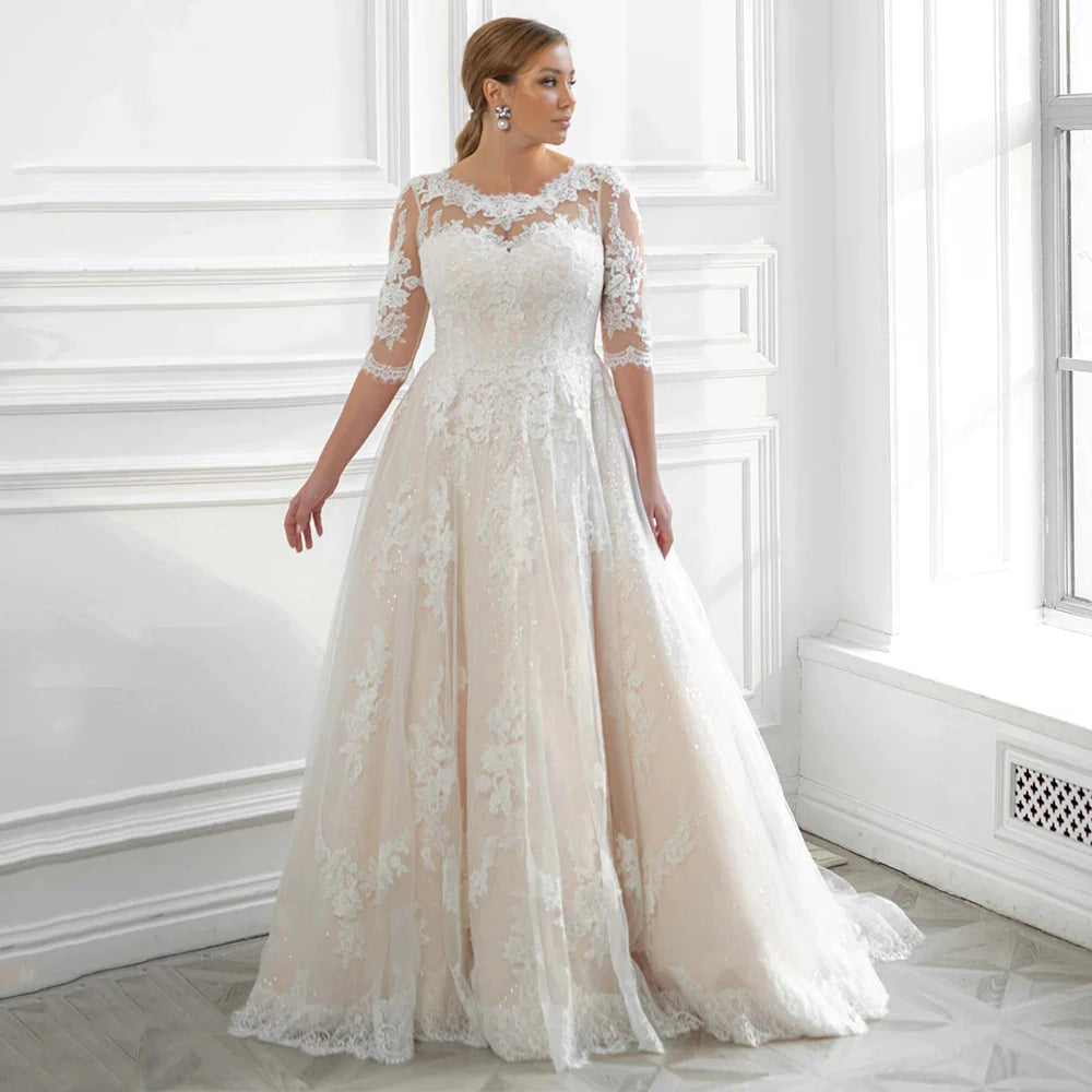 Chic Women's Clothing for Date Nights Classic Plus Size Wedding Dress Big Women's Bridal Dresses Scoop Half Sleeves Applique Glitter Tulle A-Line  Gowns