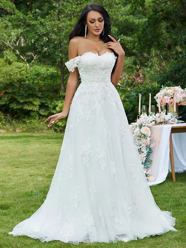 Huge Discounts This Week A-Line/Princess Lace Applique Off-the-Shoulder Sleeveless Sweep/Brush Train Wedding Dresses