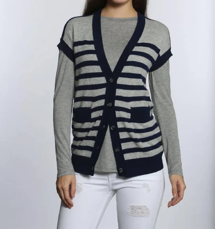 Wardrobe Upgrade Luxe Striped Cardigan In Grey/navy