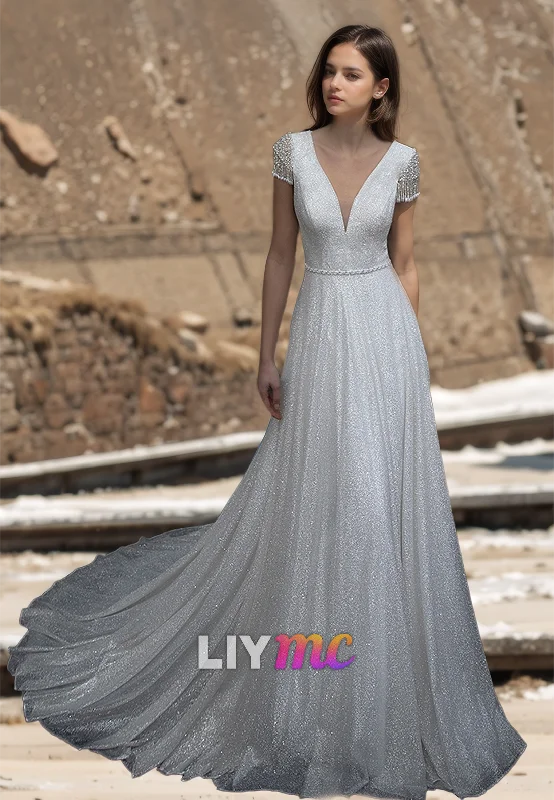 Stylish Savings V-Neck Cap Sleeves Beaded Tulle A-Line Sparkly Wedding Dress