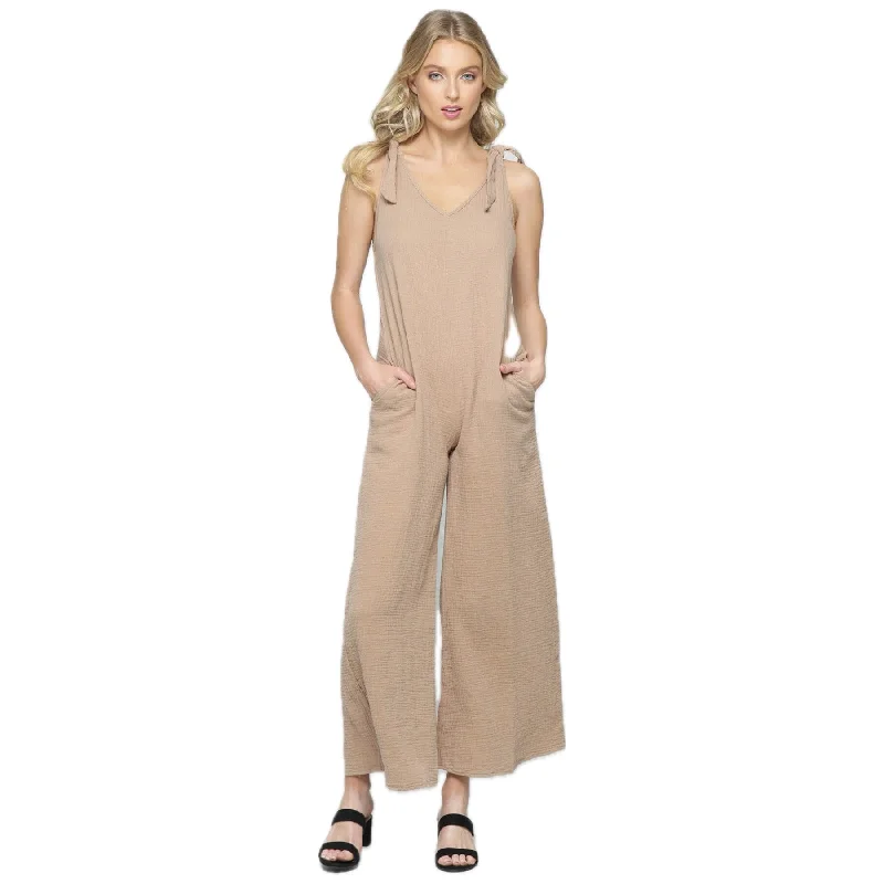 Outfits Ideas Cross Over Tan Wide Leg Jumpsuit