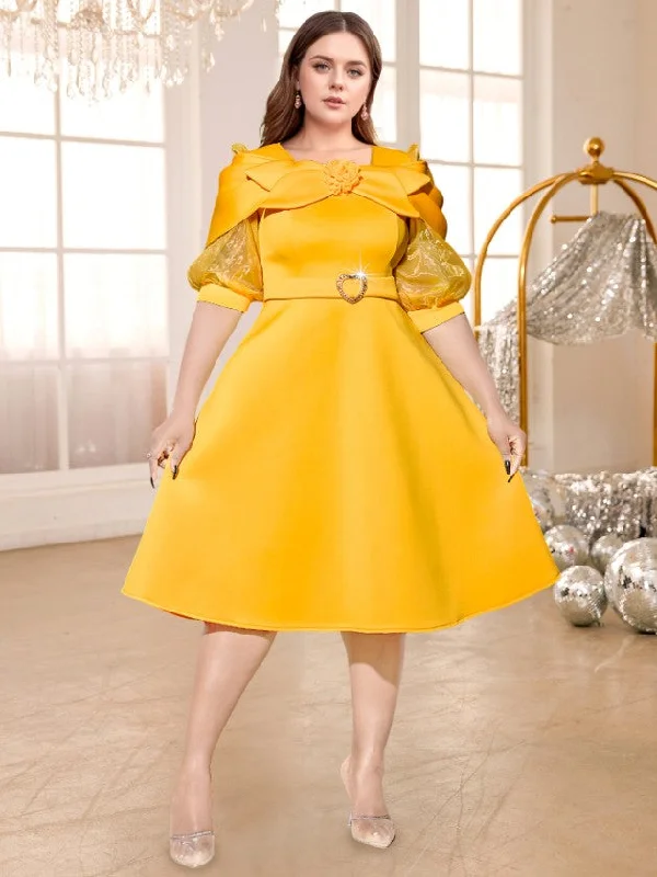 Stylish Women's Apparel AOMEIDRESS Yellow A Line Dress O Neck Mesh Patchwork Sleeve Appliques