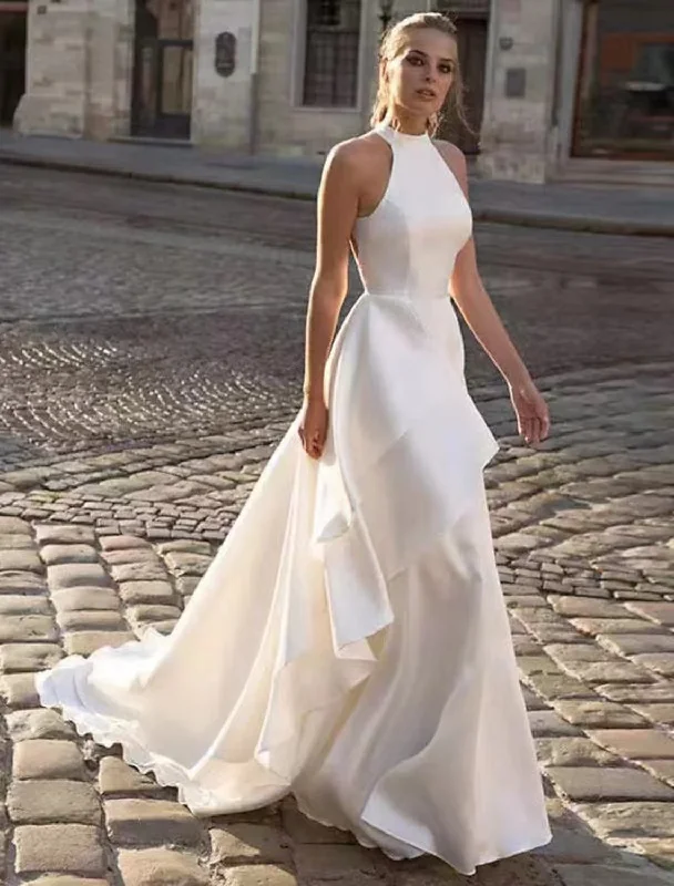 Limited Stock, Big Sale Hall Open Back Casual Wedding Dresses Chapel Train A-Line Sleeveless Halter Satin With Solid Color