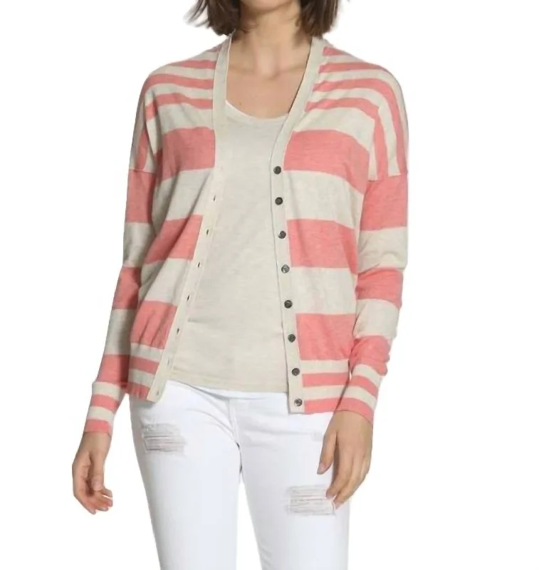 Hot Trends Striped Cotton Cardigan In Coral/ecru