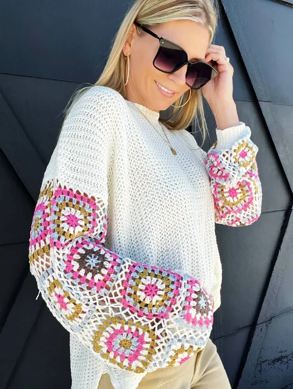 Affordable Fashion for Women Crochet Sleeve Sweater In Ivory