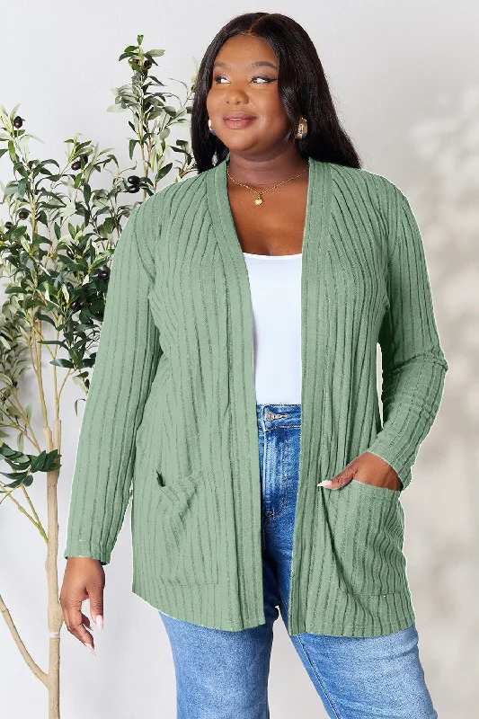 Chic Outfits Full Size Ribbed Open Front Cardigan with Pockets